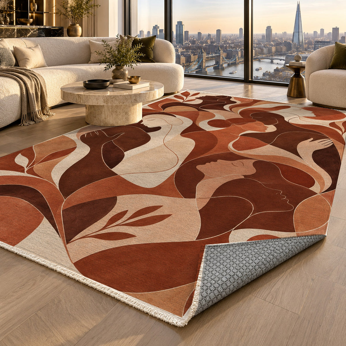 Human Connections Terracotta Abstract Washable Rug — london luxury living
