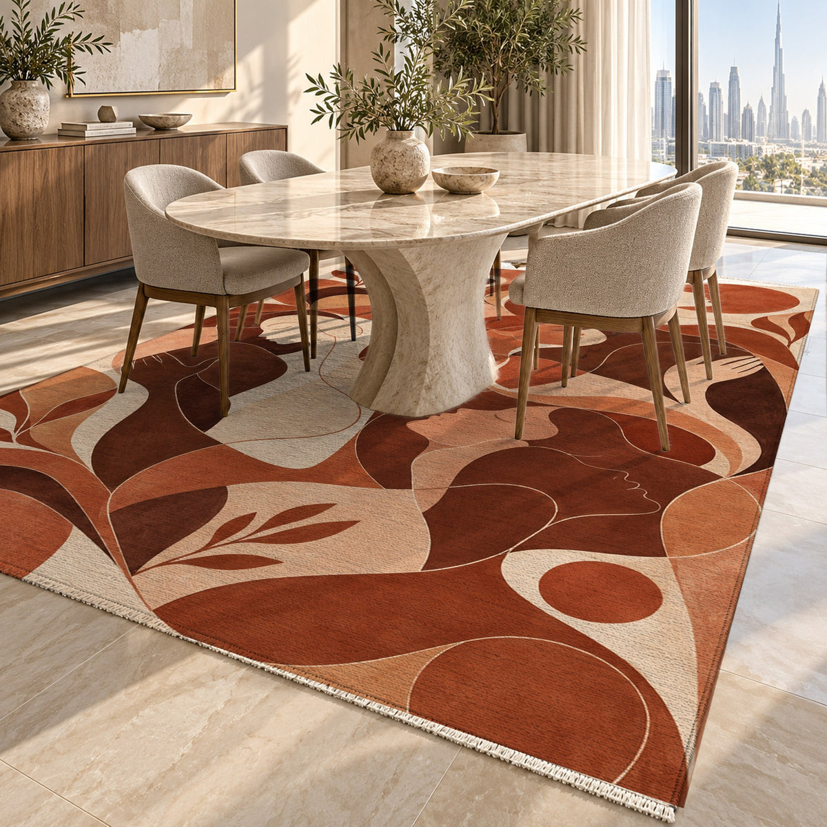 Human Connections Terracotta Abstract Washable Rug — dubai dining