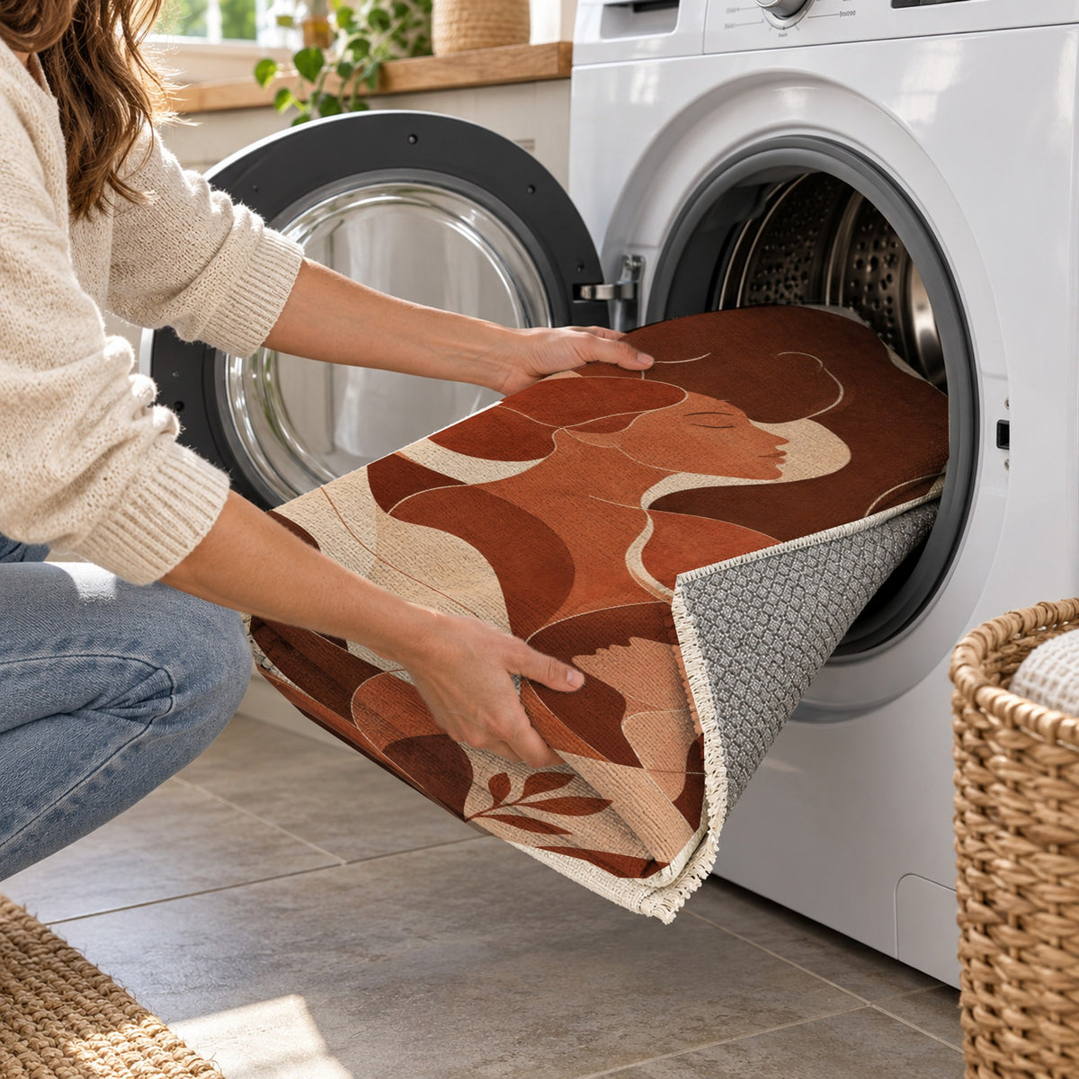 Human Connections Terracotta Abstract Washable Rug — washing machine