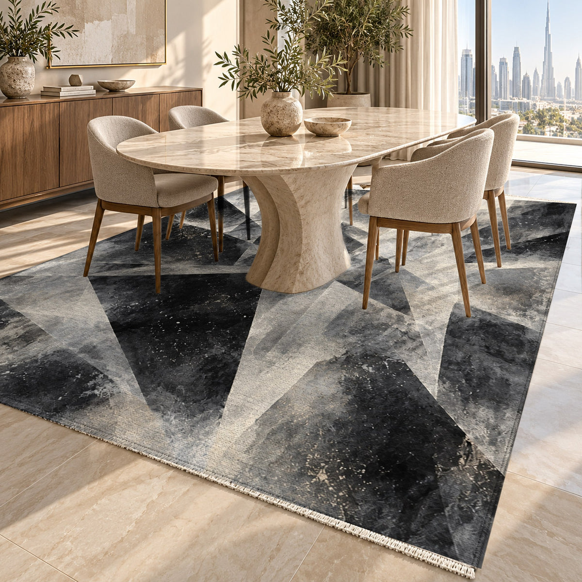 Ice Crystals Charcoal Abstract Washable Rug — dubai dining