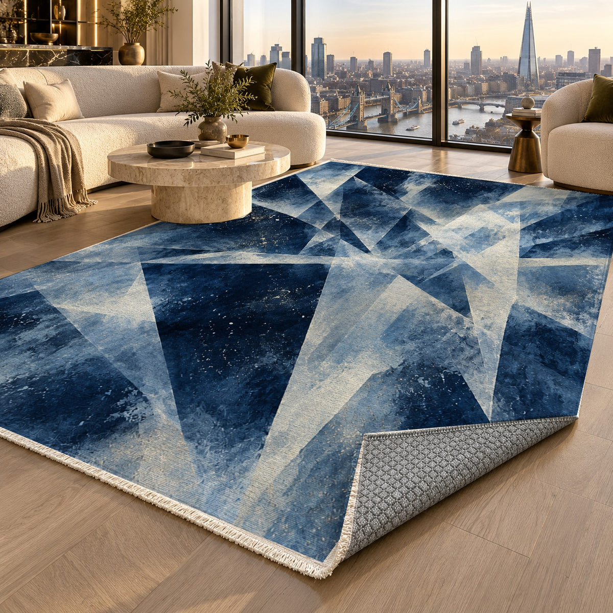 Ice Crystals Indigo Abstract Washable Rug — london luxury living