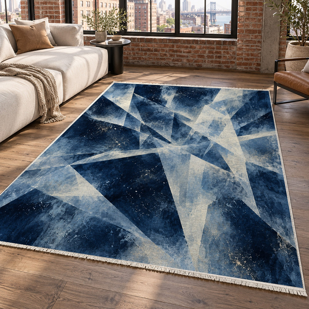 Ice Crystals Indigo Abstract Washable Rug — new york living