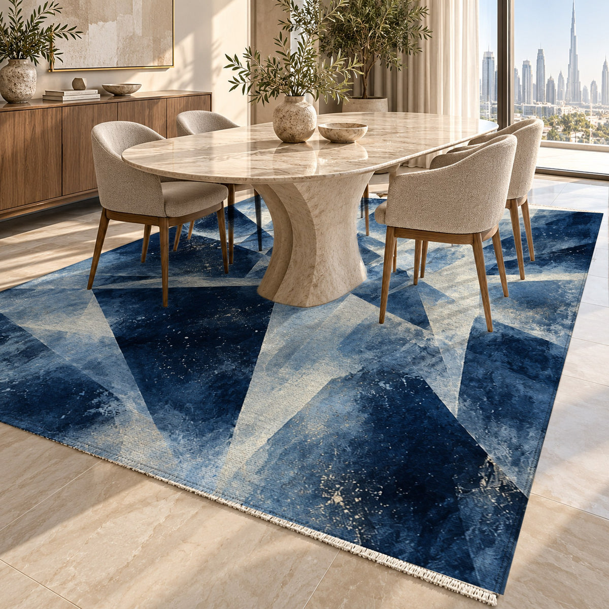Ice Crystals Indigo Abstract Washable Rug — dubai dining