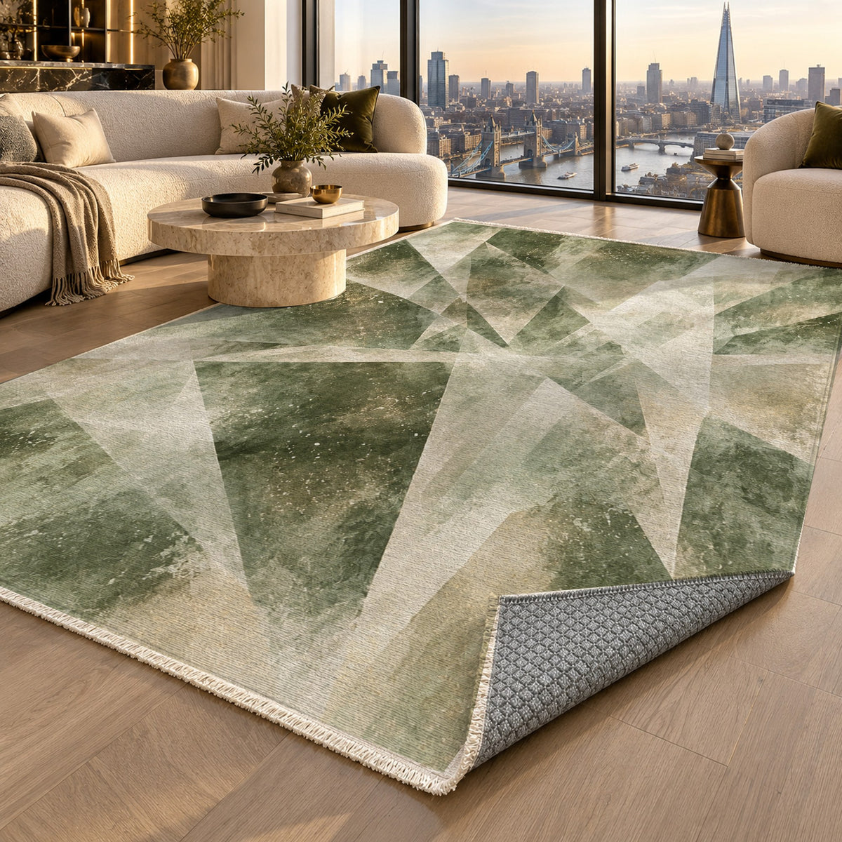 Ice Crystals Sage Abstract Washable Rug — london luxury living