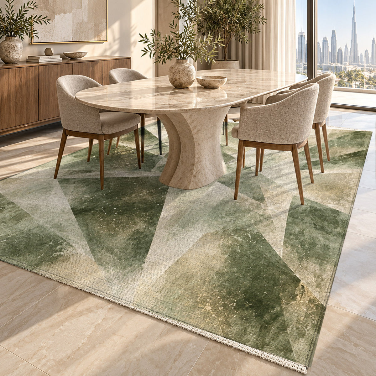Ice Crystals Sage Abstract Washable Rug — dubai dining