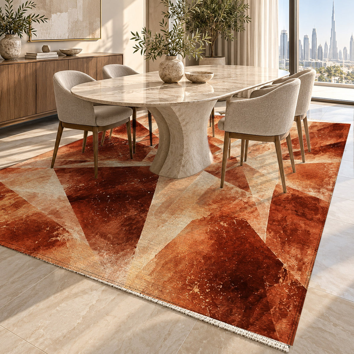 Ice Crystals Terracotta Abstract Washable Rug — dubai dining