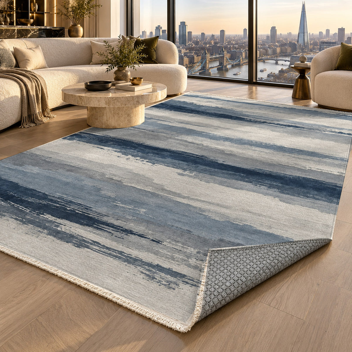 Ink Horizon Blue Grey Modern Washable Rug — london luxury living