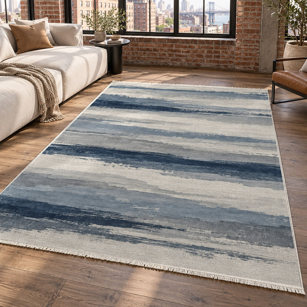 Ink Horizon Blue Grey Modern Washable Rug — new york living
