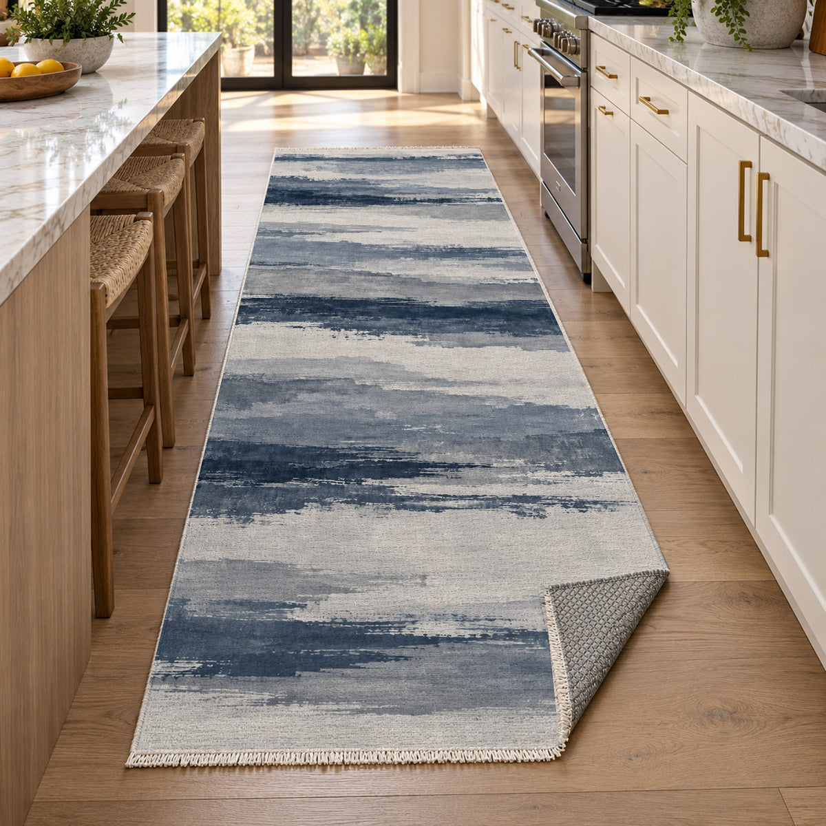 Ink Horizon Blue Grey Modern Washable Rug — new york kitchen runner