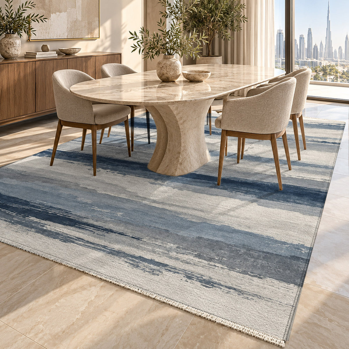 Ink Horizon Blue Grey Modern Washable Rug — dubai dining