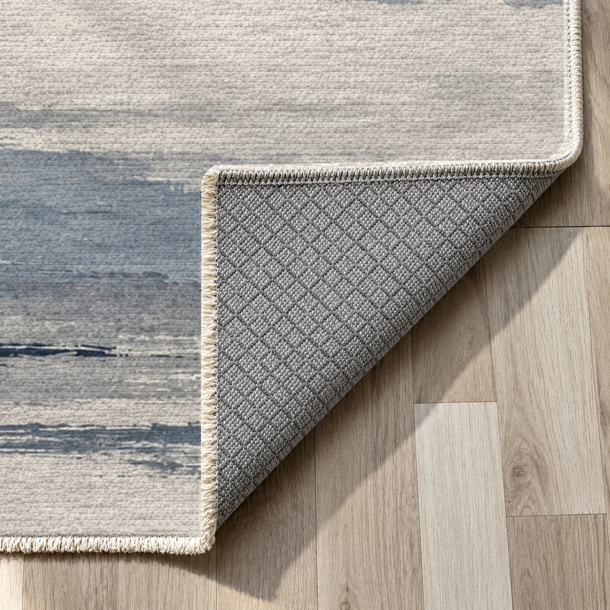 Ink Horizon Blue Grey Modern Washable Rug — backing close up