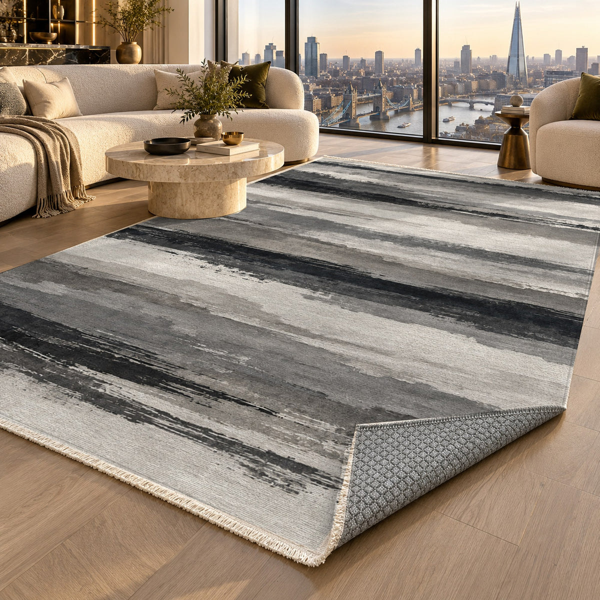 Ink Horizon Charcoal Ivory Modern Washable Rug — london luxury living