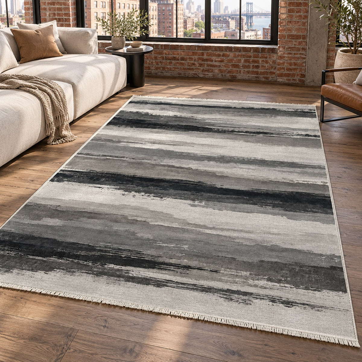 Ink Horizon Charcoal Ivory Modern Washable Rug — new york living