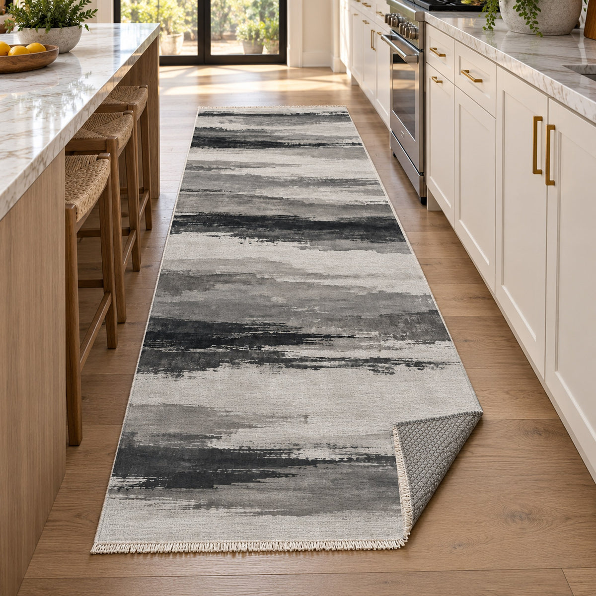 Ink Horizon Charcoal Ivory Modern Washable Rug — new york kitchen runner