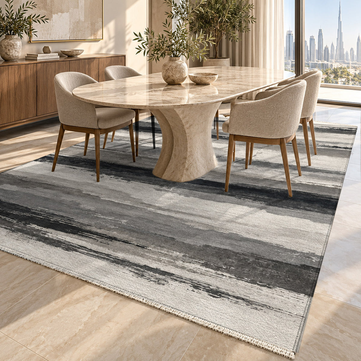 Ink Horizon Charcoal Ivory Modern Washable Rug — dubai dining