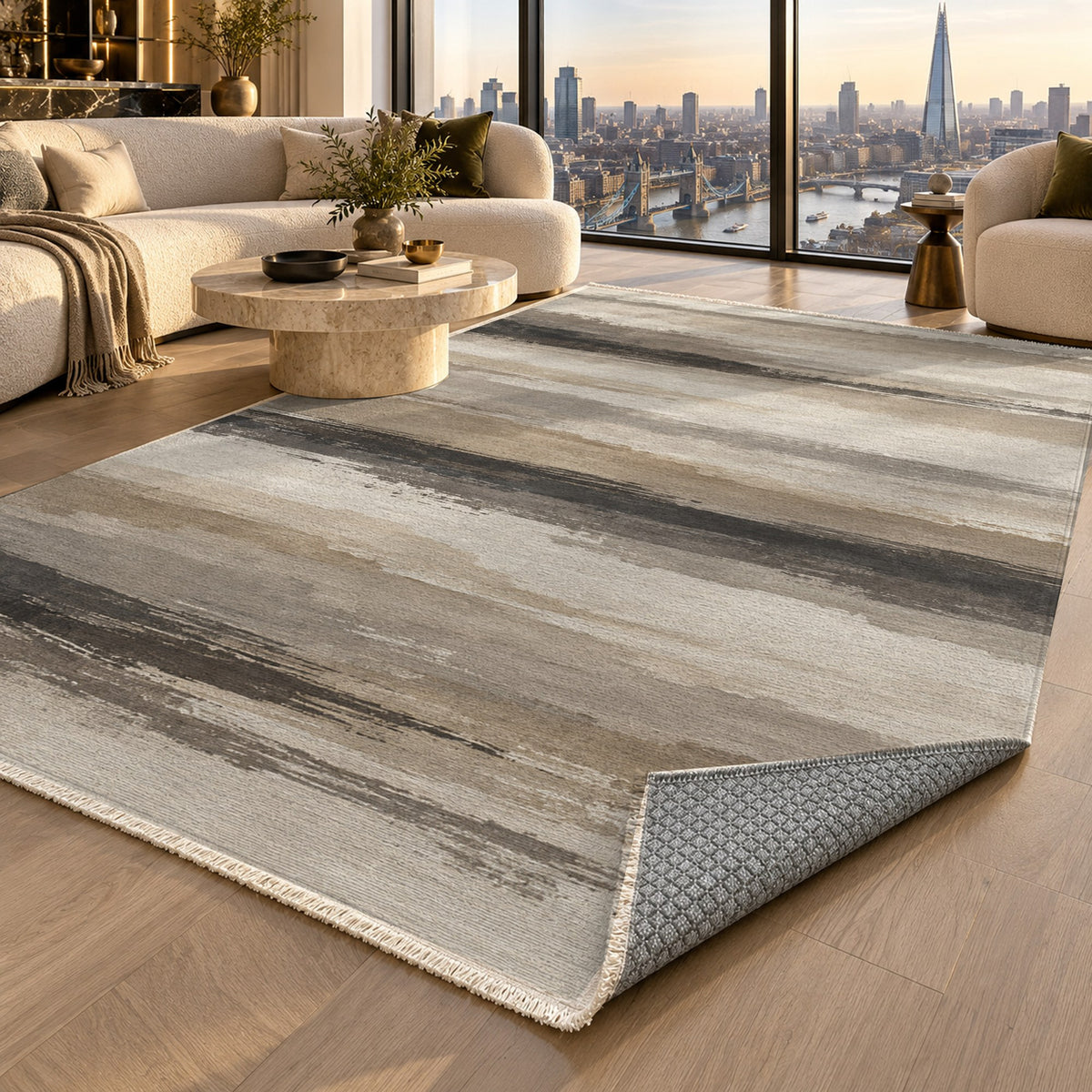 Ink Horizon Ivory Taupe Modern Washable Rug — london luxury living