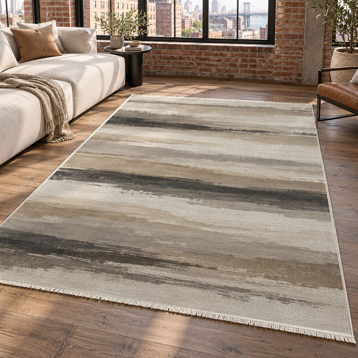 Ink Horizon Ivory Taupe Modern Washable Rug — new york living