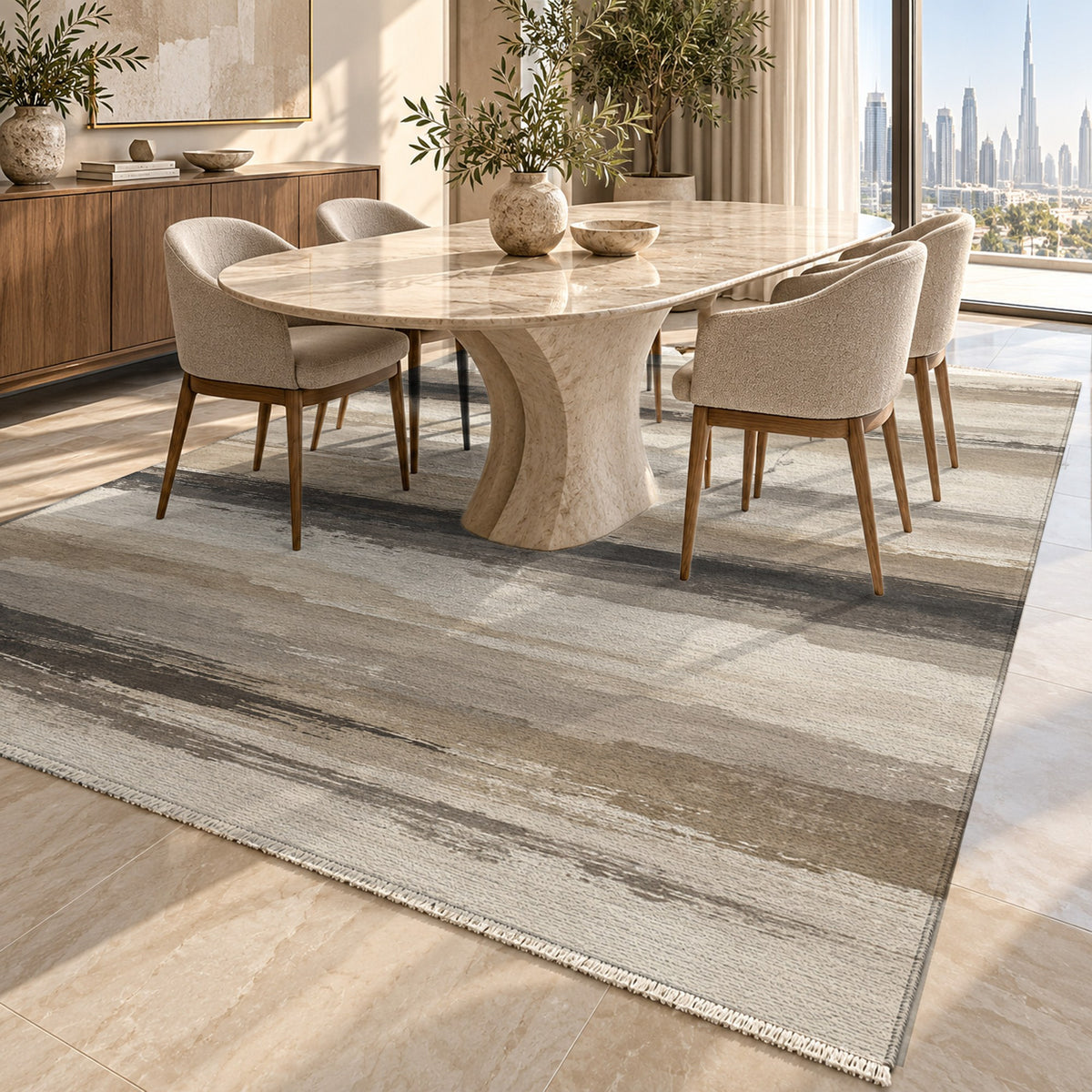 Ink Horizon Ivory Taupe Modern Washable Rug — dubai dining