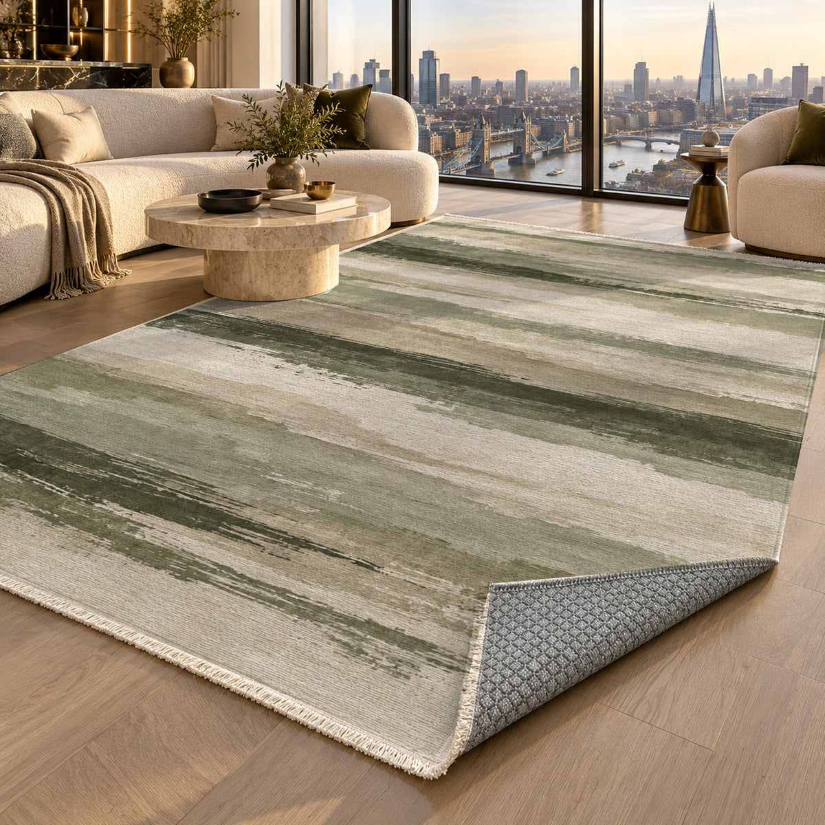 Ink Horizon Sage Sand Modern Washable Rug — london luxury living