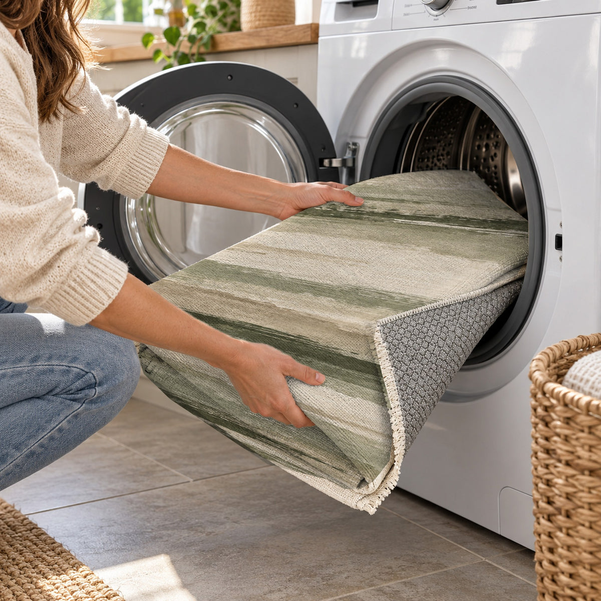 Ink Horizon Sage Sand Modern Washable Rug — washing machine