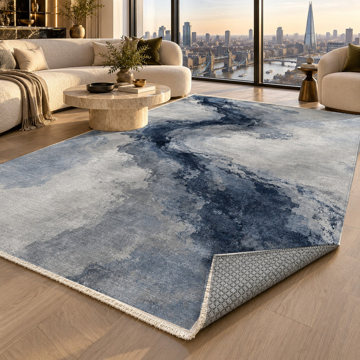 Ink River Blue Grey Abstract Washable Rug — london luxury living