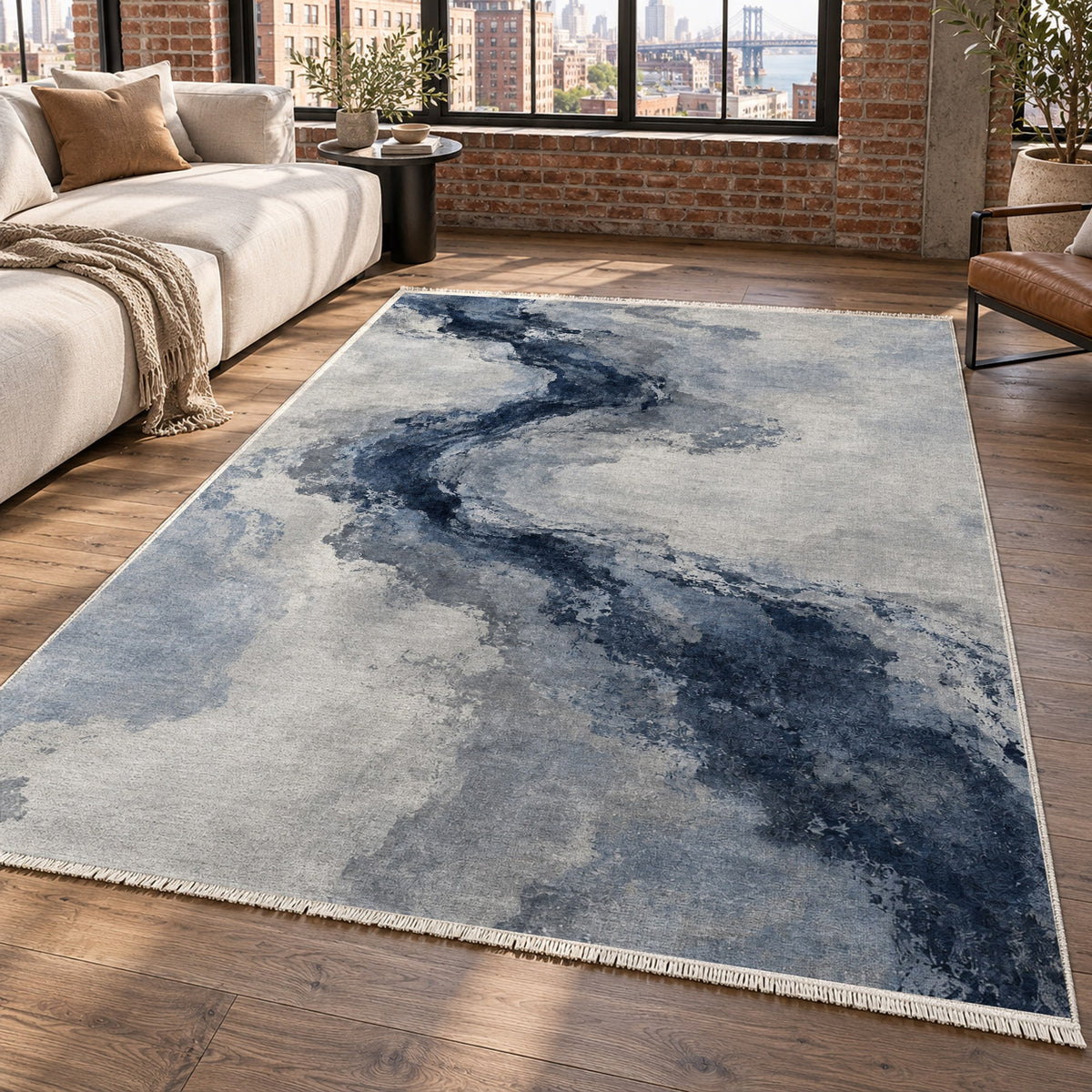 Ink River Blue Grey Abstract Washable Rug — new york living