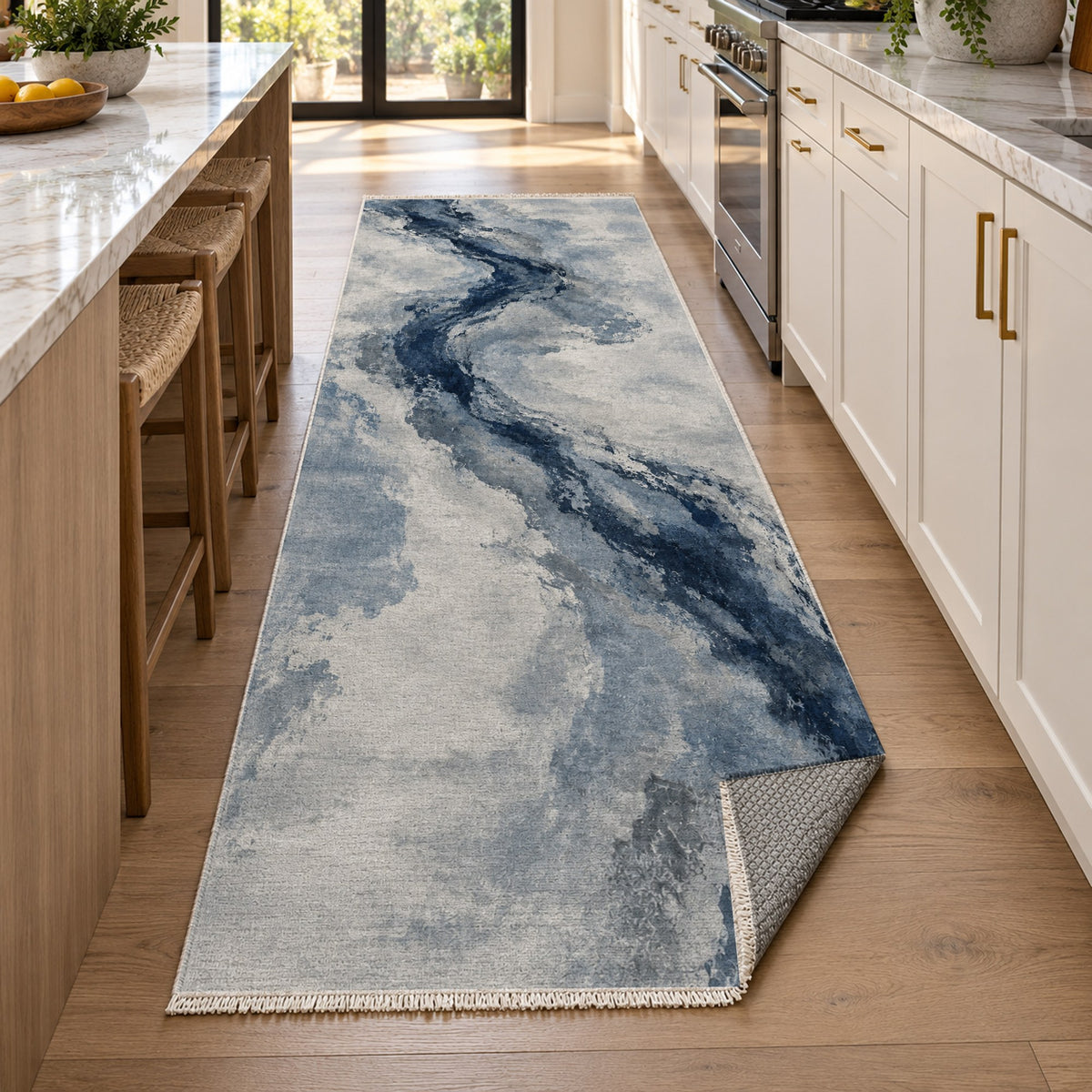 Ink River Blue Grey Abstract Washable Rug — new york kitchen runner