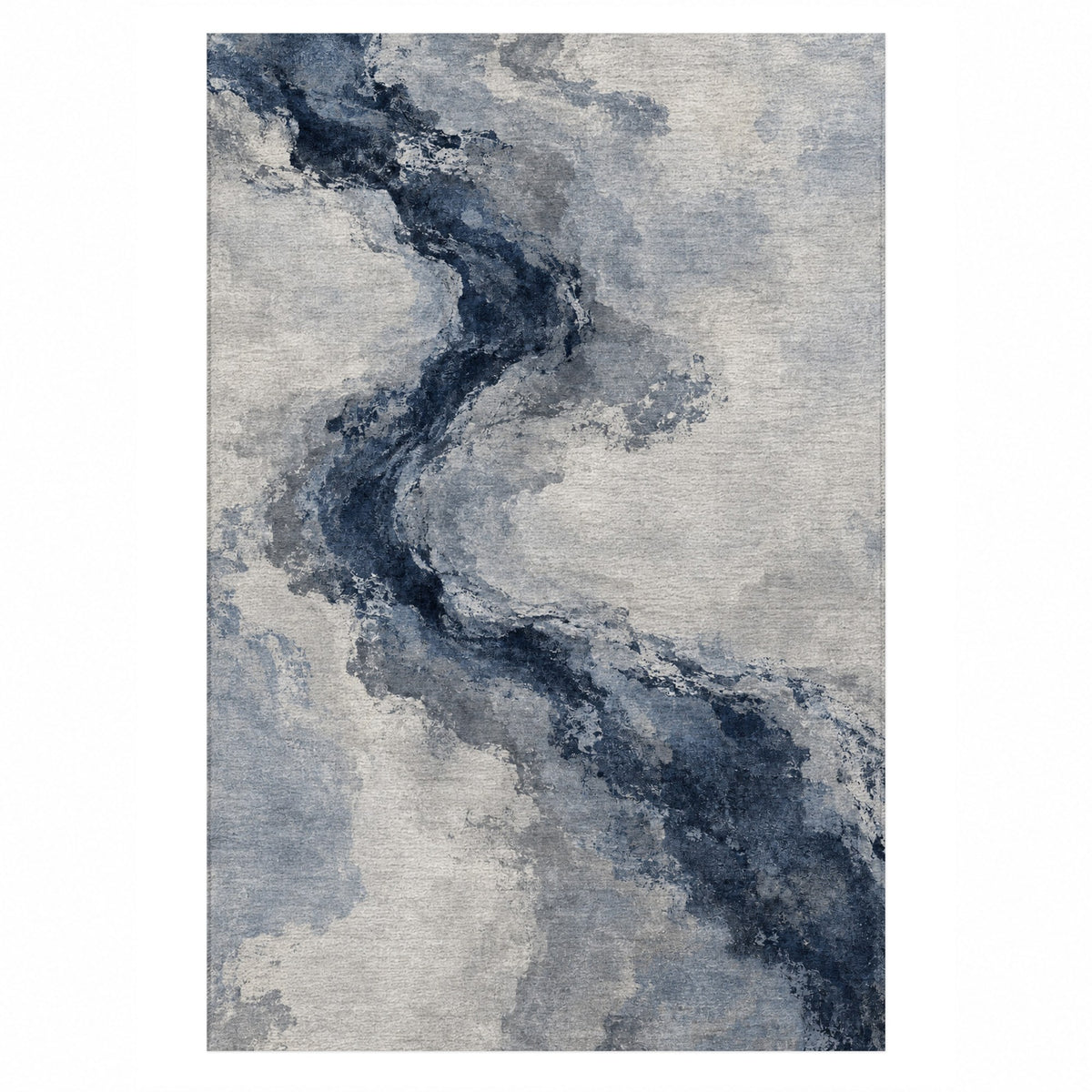 Ink River Blue Grey Abstract Washable Rug — top view