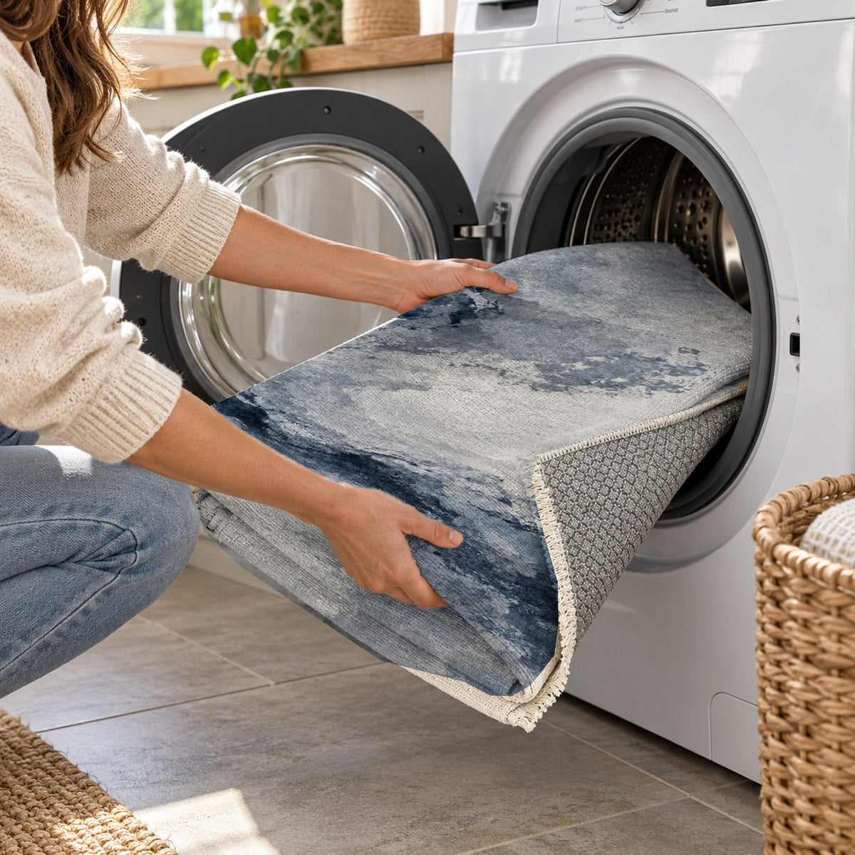 Ink River Blue Grey Abstract Washable Rug — washing machine