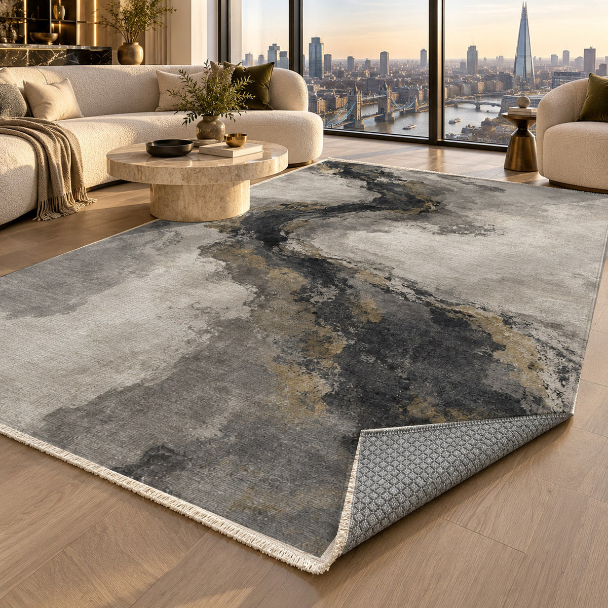 Ink River Charcoal Gold Abstract Washable Rug — london luxury living