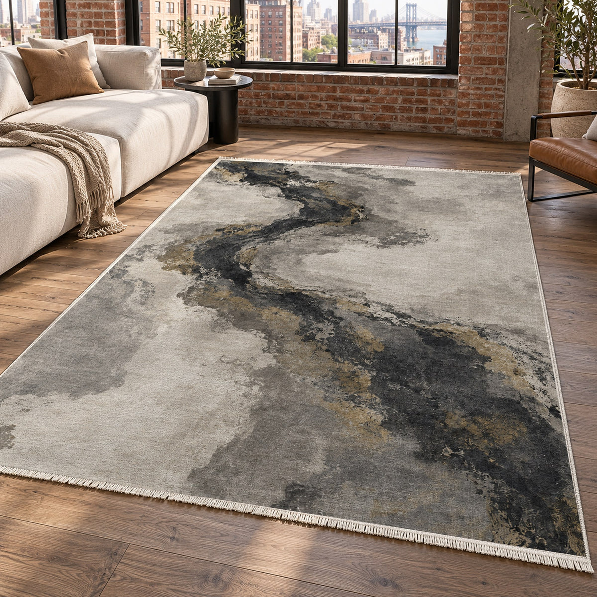 Ink River Charcoal Gold Abstract Washable Rug — new york living