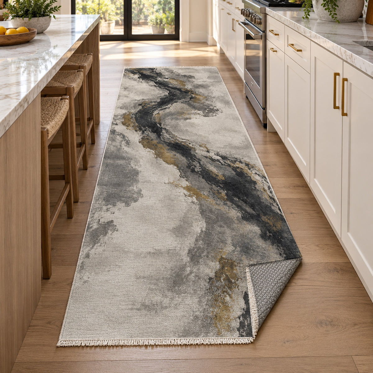 Ink River Charcoal Gold Abstract Washable Rug — new york kitchen runner