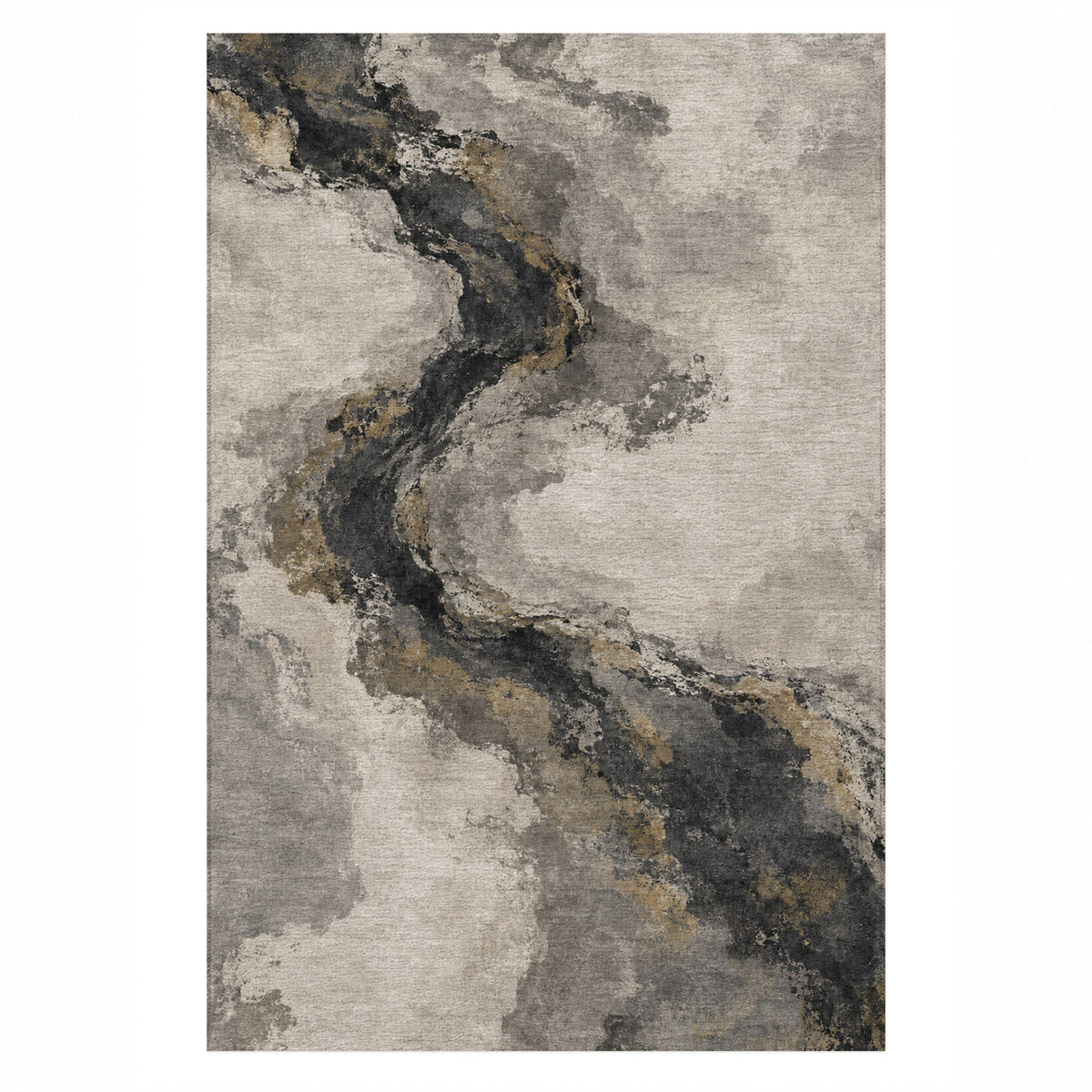 Ink River Charcoal Gold Abstract Washable Rug — top view