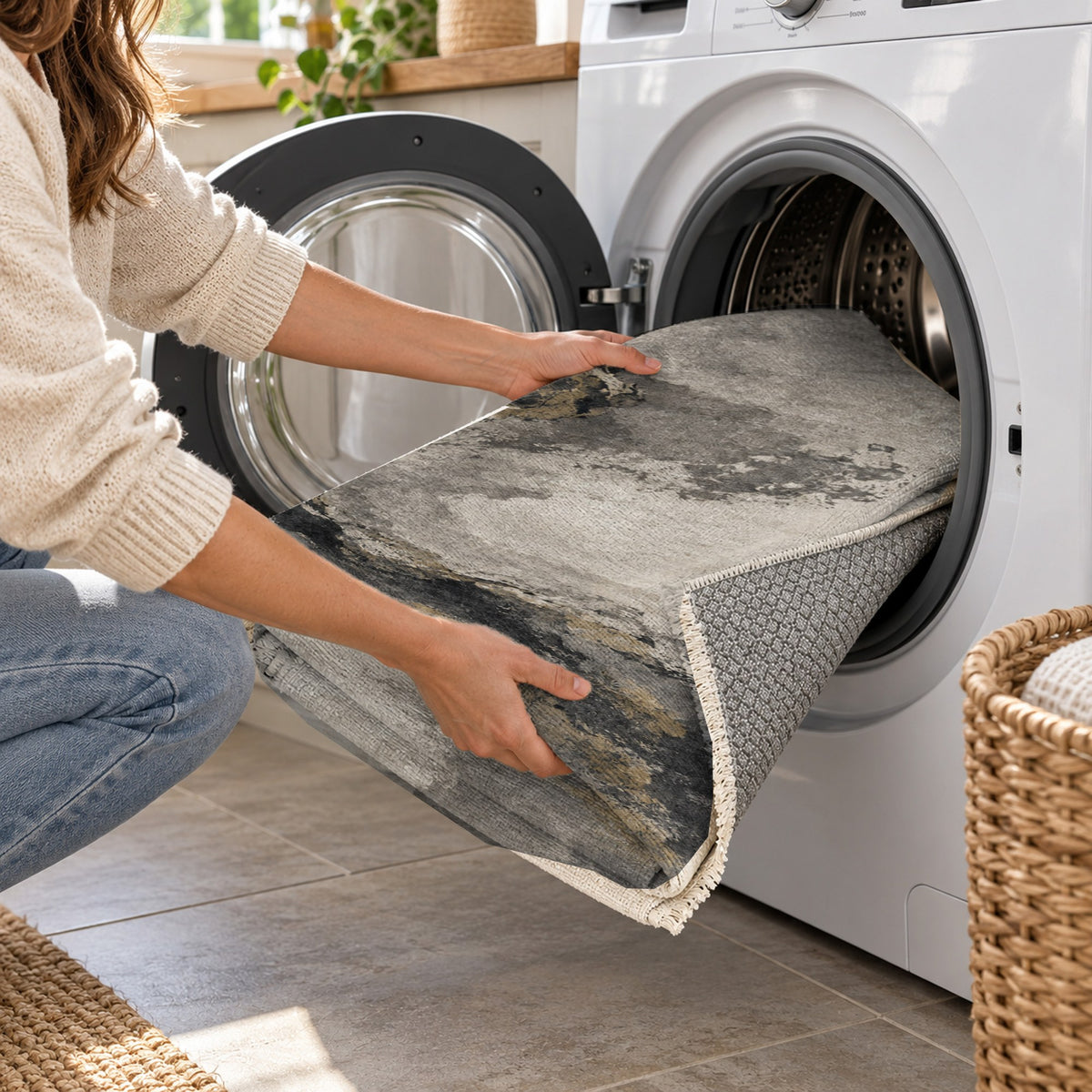 Ink River Charcoal Gold Abstract Washable Rug — washing machine