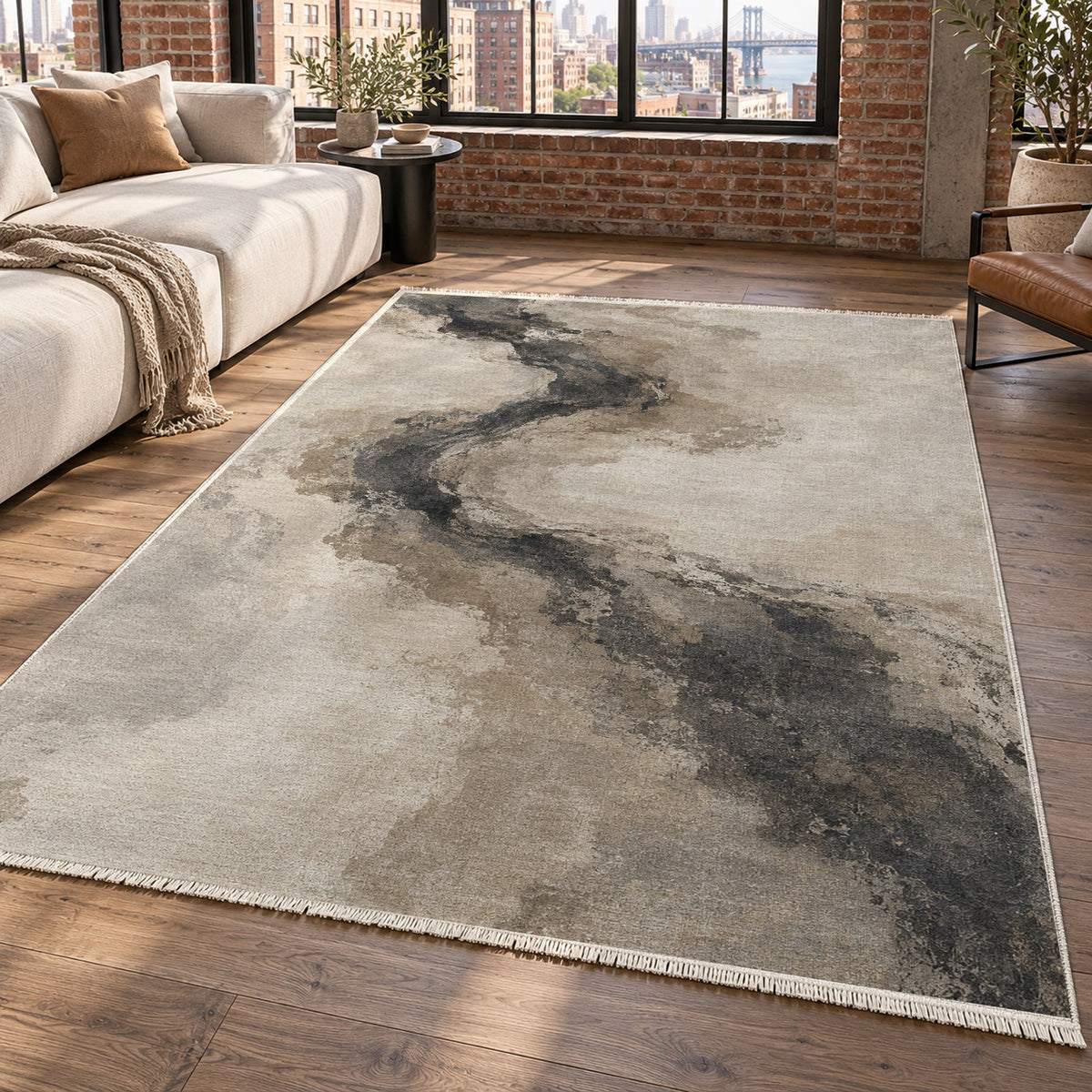 Ink River Ivory Taupe Abstract Washable Rug — new york living