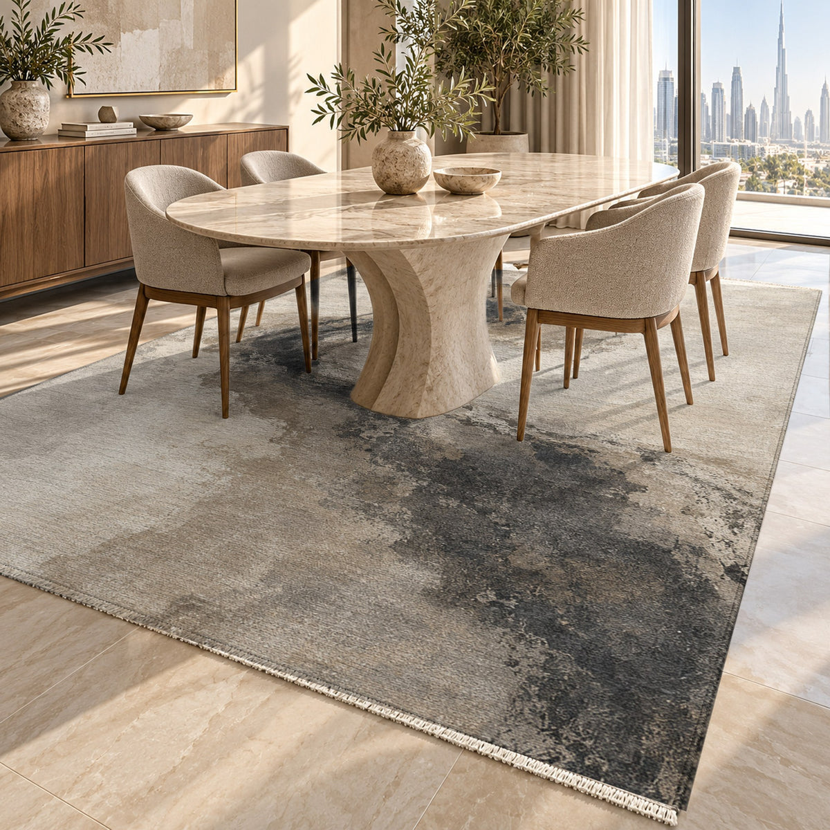 Ink River Ivory Taupe Abstract Washable Rug — dubai dining