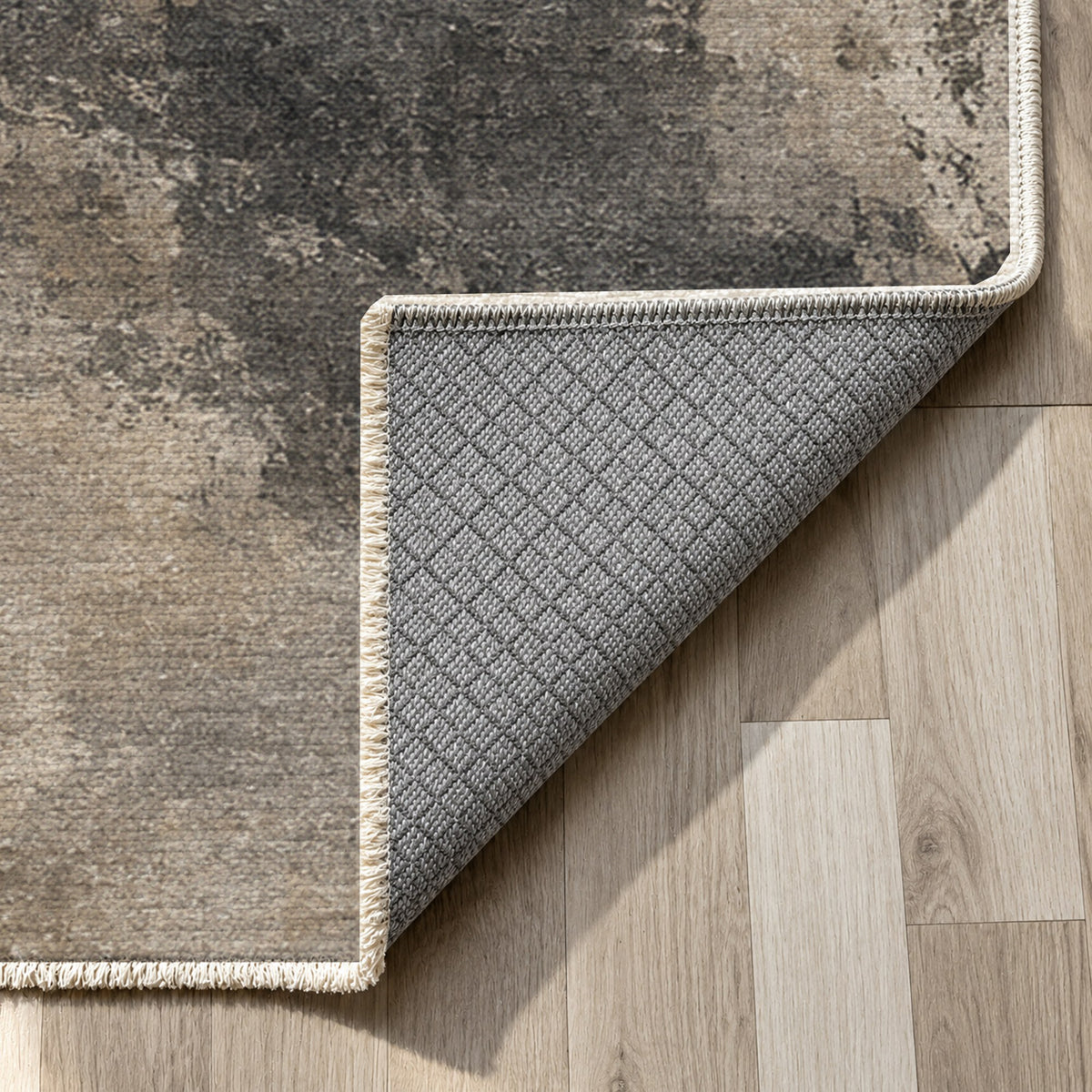 Ink River Ivory Taupe Abstract Washable Rug — backing close up