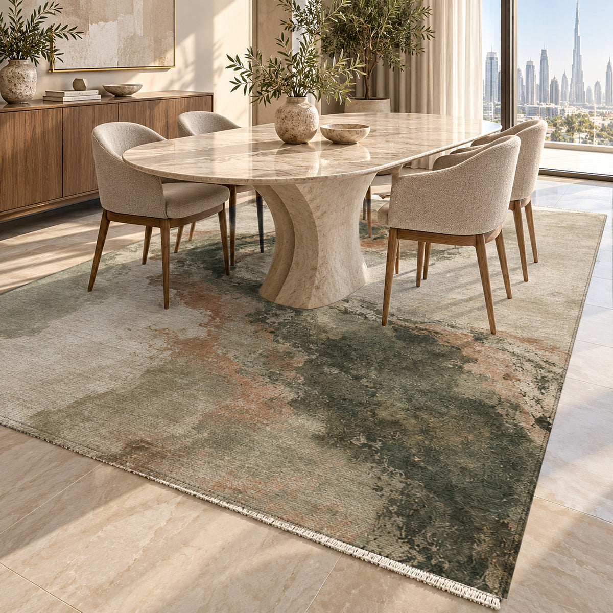 Ink River Sage Clay Abstract Washable Rug — dubai dining