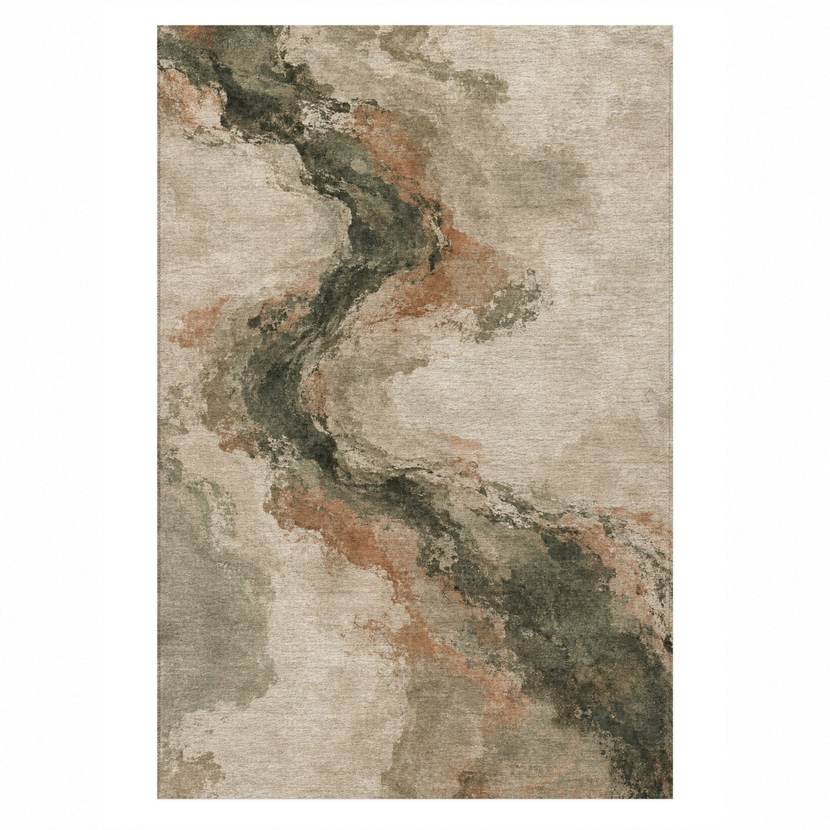 Ink River Sage Clay Abstract Washable Rug — top view
