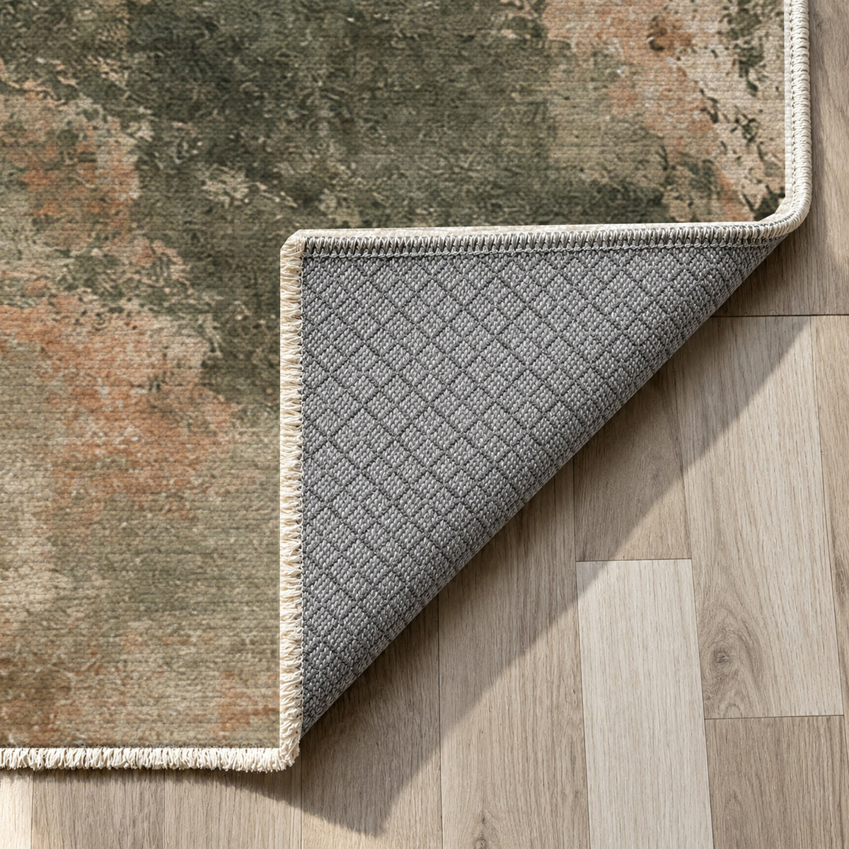 Ink River Sage Clay Abstract Washable Rug — backing close up