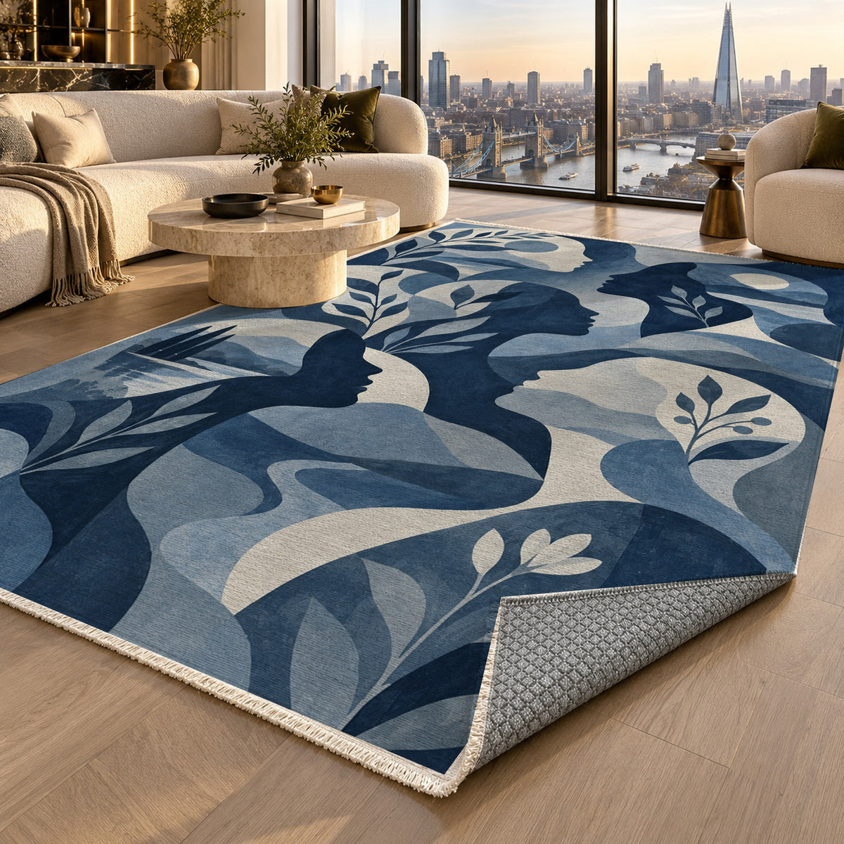 Inner Landscapes Indigo Abstract Washable Rug — london luxury living