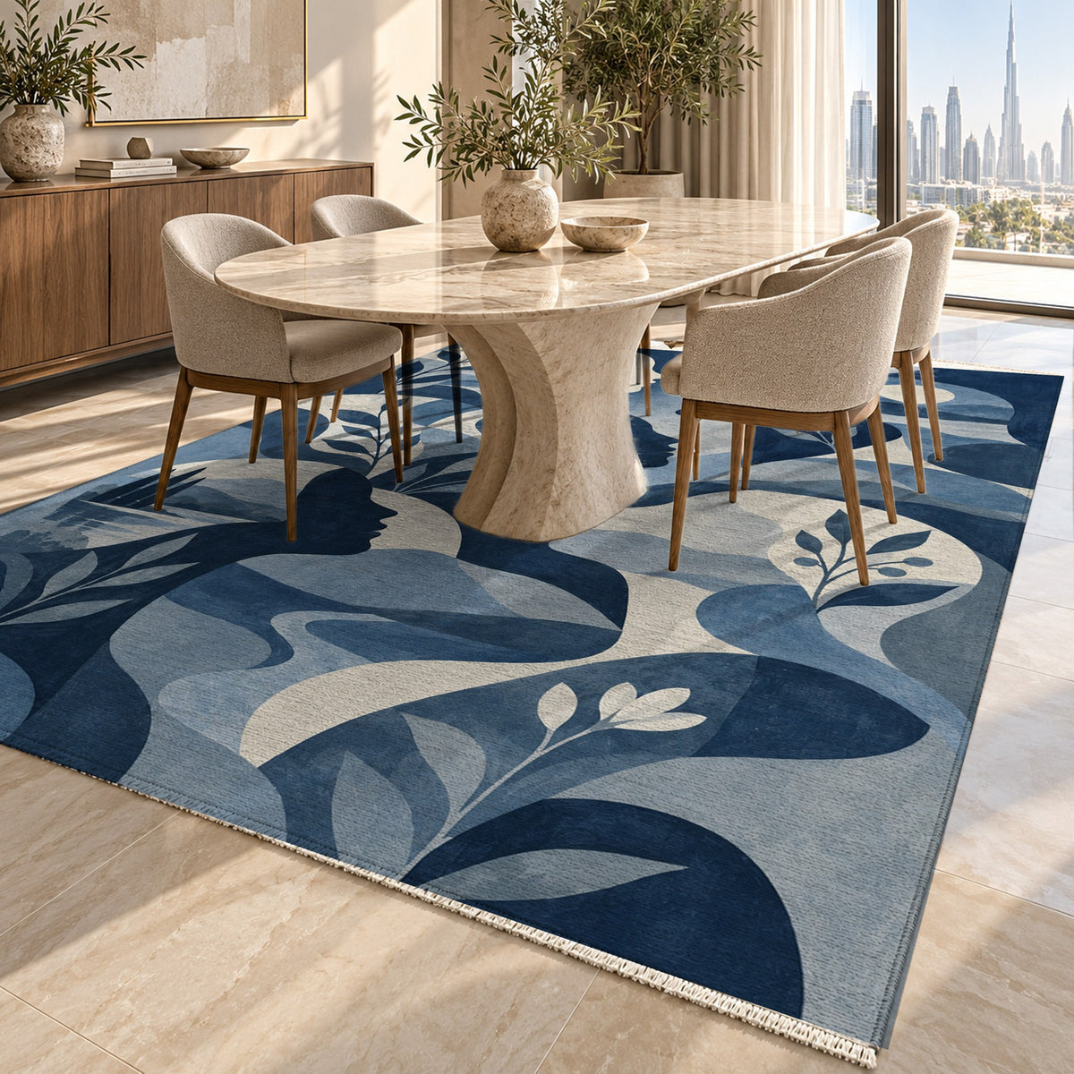 Inner Landscapes Indigo Abstract Washable Rug — dubai dining