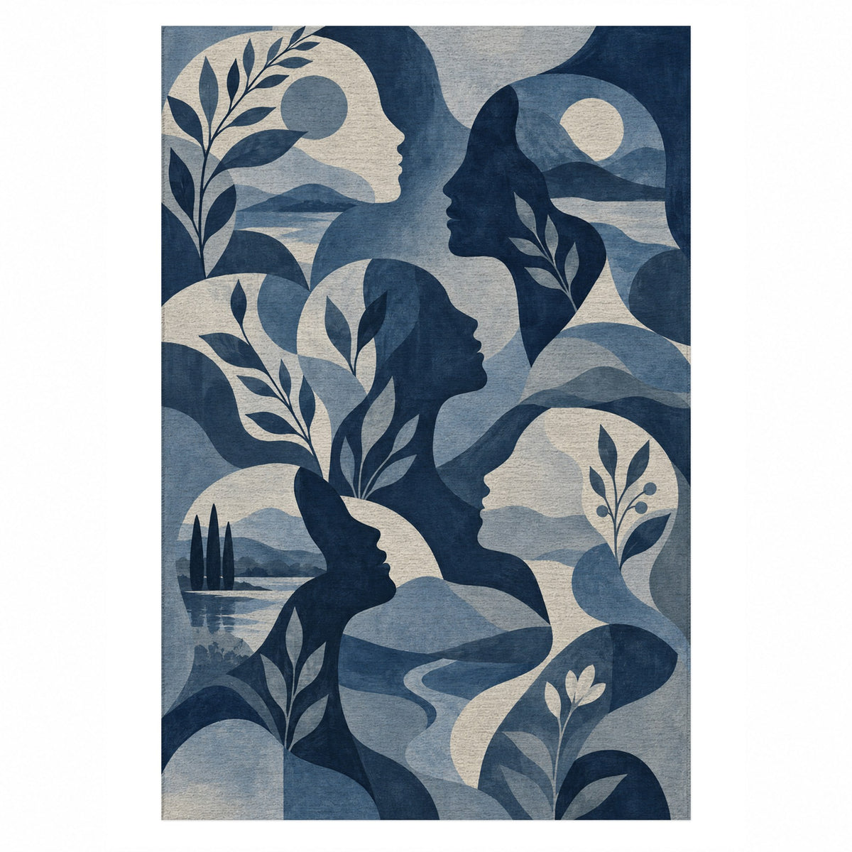 Inner Landscapes Indigo Abstract Washable Rug — top view