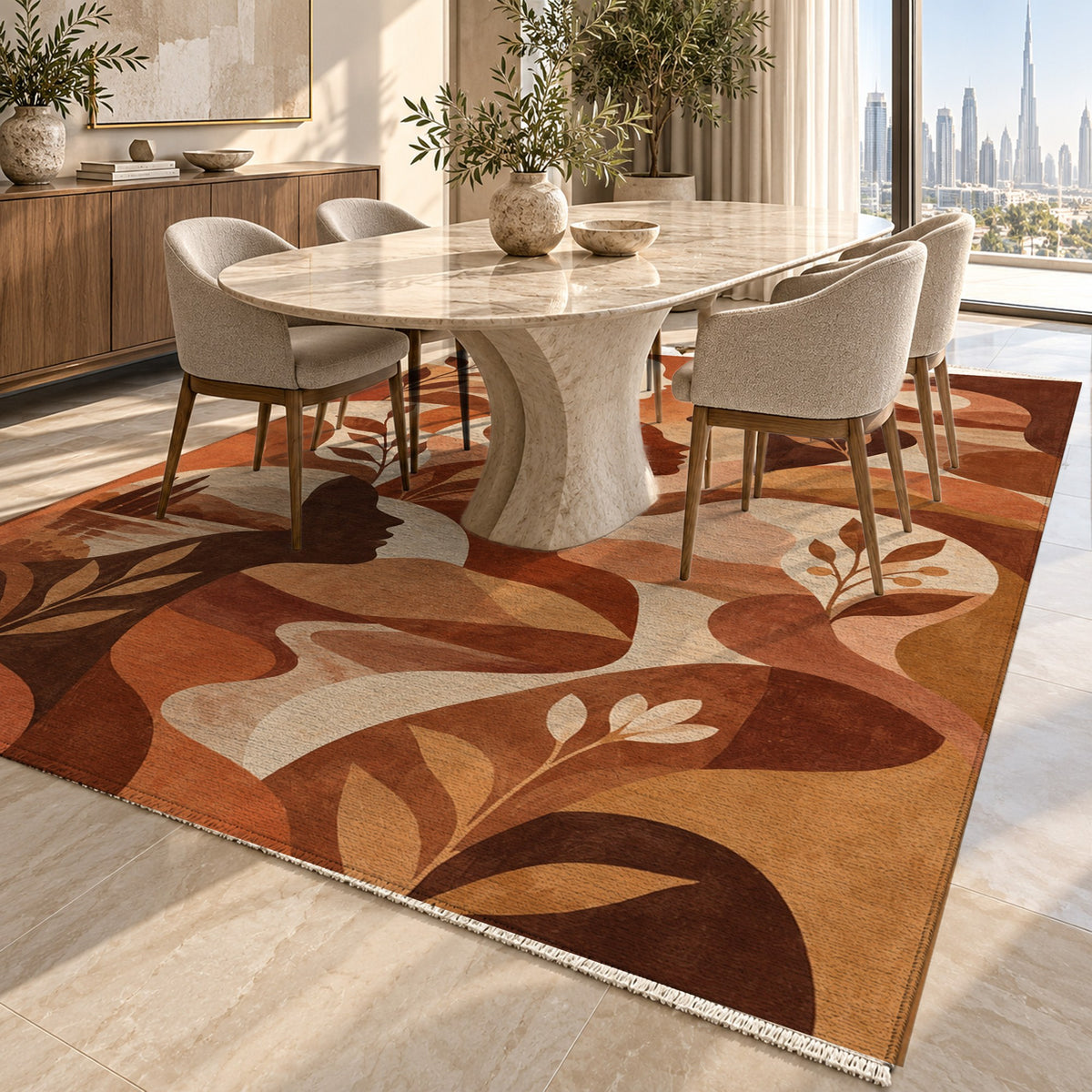 Inner Landscapes Terracotta Abstract Washable Rug — dubai dining