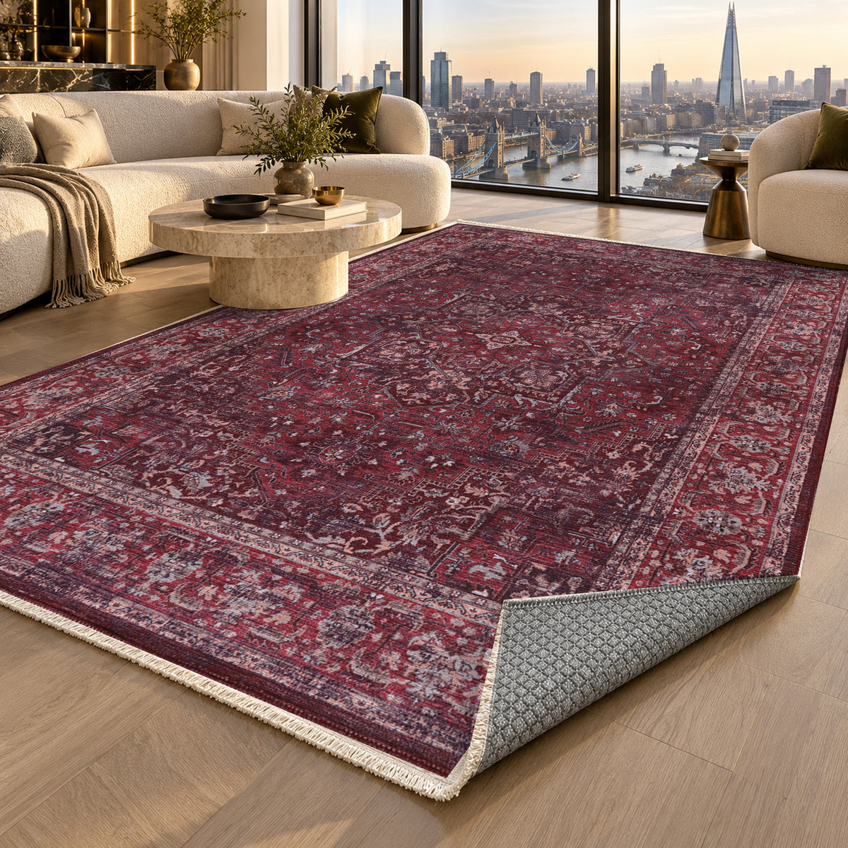 Isfahan Burgundy Vintage Washable Rug — london luxury living