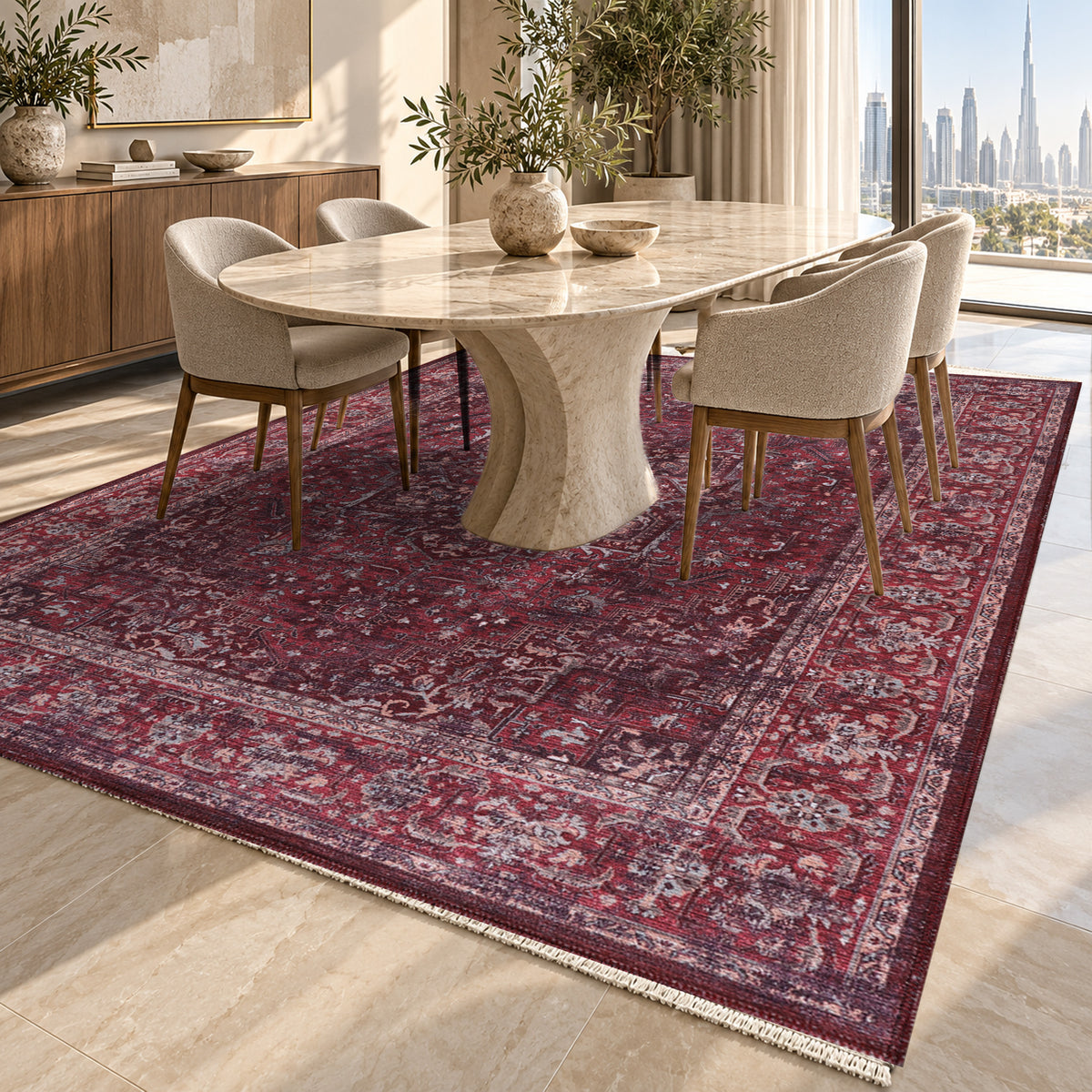 Isfahan Burgundy Vintage Washable Rug — dubai dining