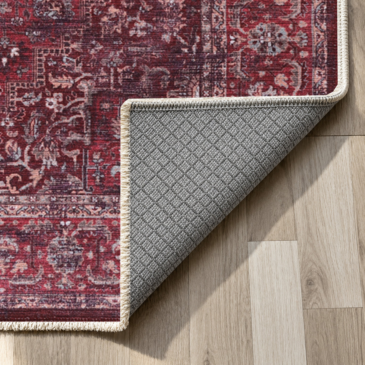 Isfahan Burgundy Vintage Washable Rug — backing close up