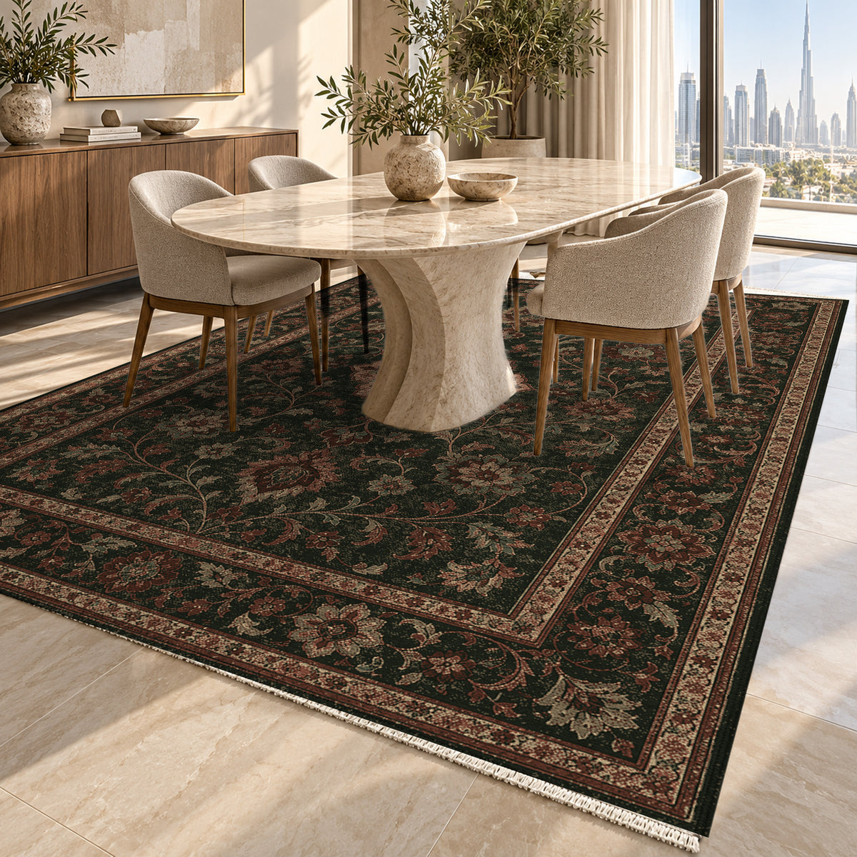 Kashan Olive Classic Washable Rug — dubai dining