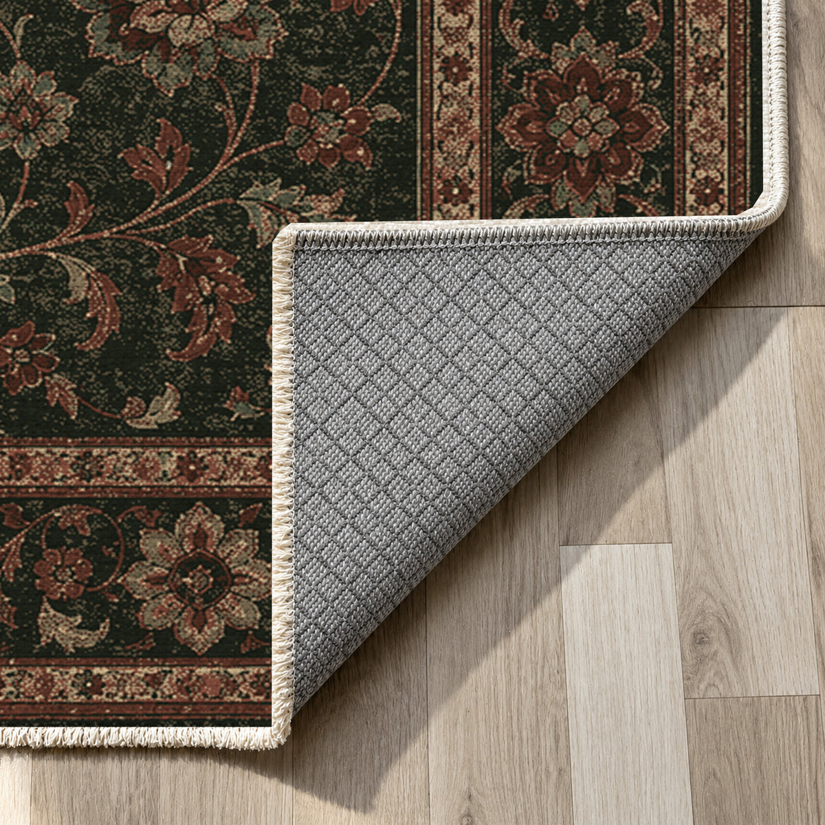 Kashan Olive Classic Washable Rug — backing close up