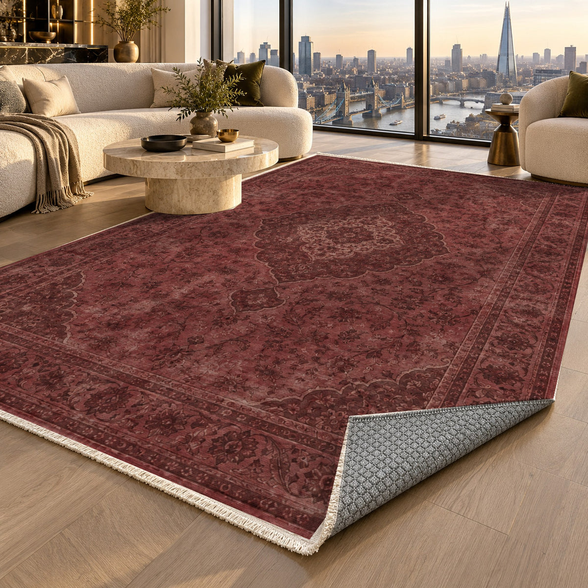 Kashan Veil Burgundy Red Vintage Washable Rug — london luxury living
